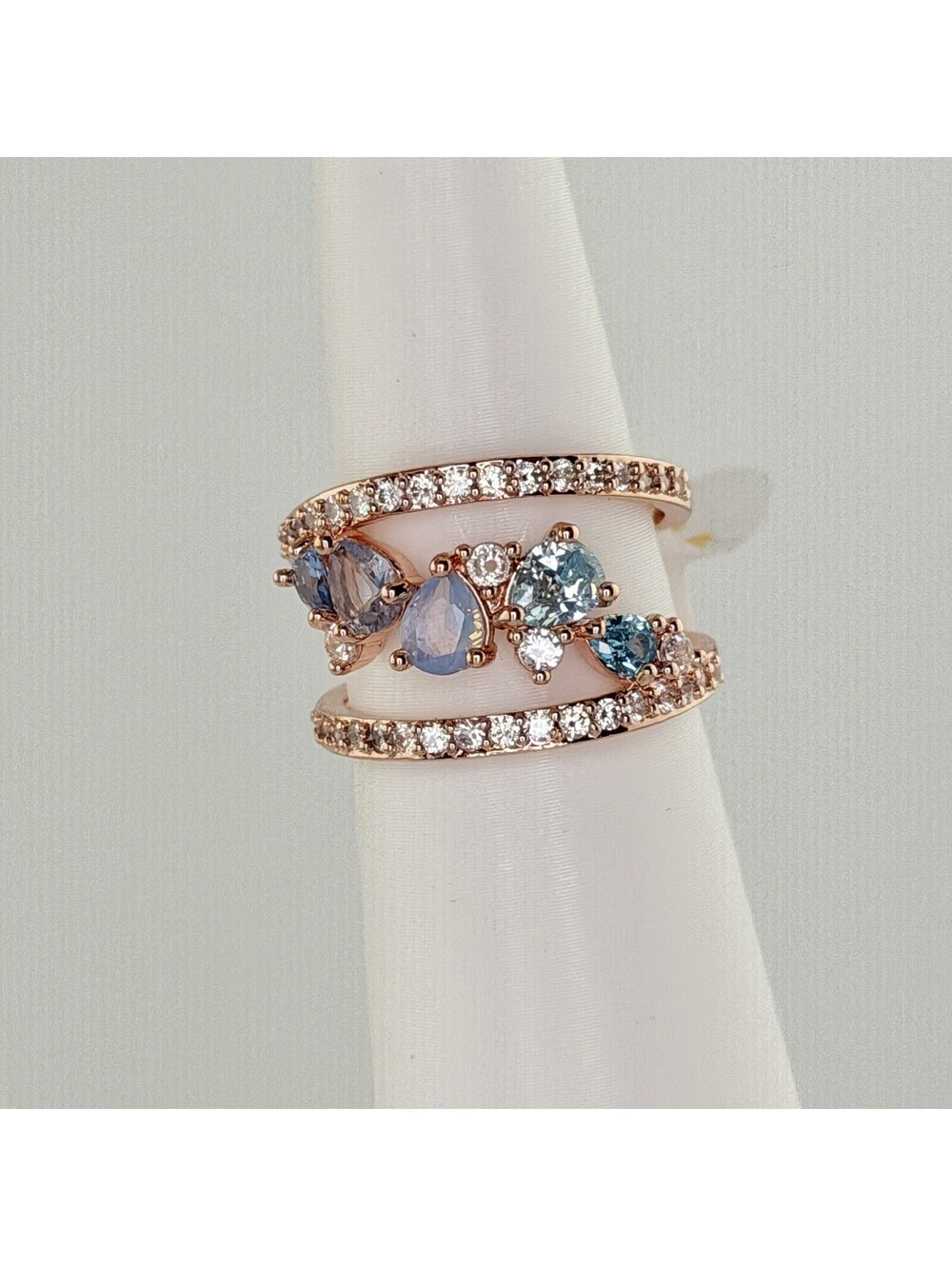Bomb Party Ring Sz 7 "Make It Happen" Blue Chalcedony, Aqua Blue Cz on Rose Gold